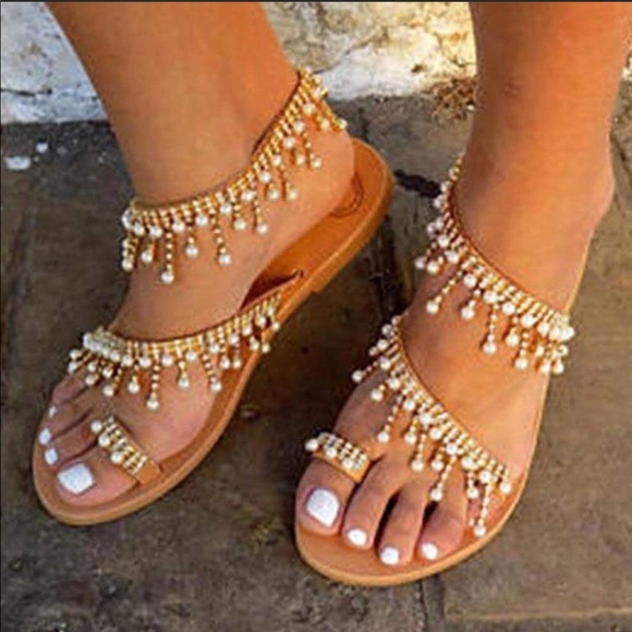 Boho Crystal Diamond Pearl Fringe Sandals - Picture 5 of 6